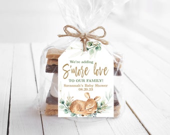 S'more Love Favor Tag, Printable Baby Shower Favor Tag Template, Editable, Baby Deer, Boy, Greenery, Rustic, MCP840, CJB