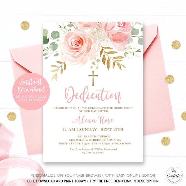 Dedication Invitation, Editable Dedication Invitation Template, Printable Dedication Invitation, Blush Pink Floral, MCP830, CJB