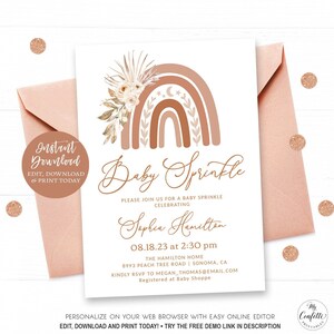 Puede incluir: Una invitación imprimible para un baby sprinkle con un diseño de arcoíris boho en tonos marrones y melocotón. La invitación presenta un arreglo floral y el texto "Baby Sprinkle" y "Sophia Hamilton".