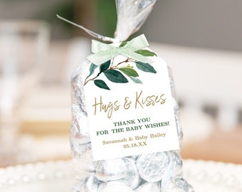 Hugs & Kisses Favor Tags, Printable Baby Shower Favor Tag Template, Editable, Greenery, Bubbly, Oh Baby, MCP813, MCP814, CJB