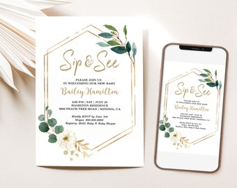 Greenery Sip and See Invitation, EDITABLE Invitation template, Printable, Baby Shower Template, Sip & See, MCP813, MCP814, CJB