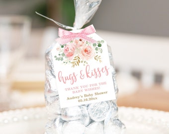 Hug & Kisses Baby Shower Favor Tags, Editable Baby Shower Chocolate Kisses Favor Tag Template, Blush, Pink, Floral, Girl, MCP820, CJB