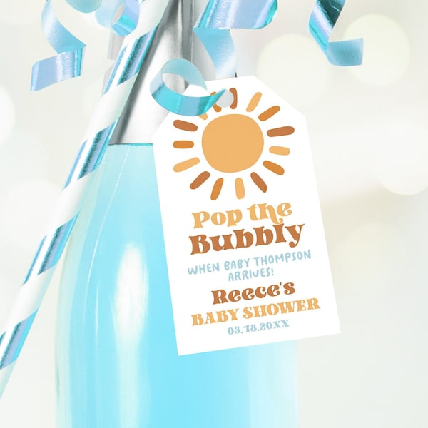 Pop the Bubbly, Editable Baby Shower Champagne Favor Tag Template, Sunshine, Sun, Boho, Retro, Blue, Thank You, Baby Sprinkle, MCP101, CJB