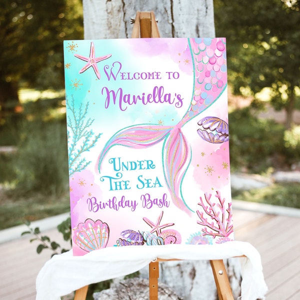 Mermaid Birthday Welcome Sign, Editable Welcome Sign Template, Printable, Ocean, Under the Sea, Little, Tail, Girl, Pastel, MCP106, CJB