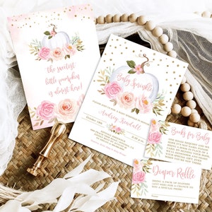 Editable Fall Baby Sprinkle Invitation Bundle, Baby Sprinkle Invite Template, Printable, Boho, Girl, Fall, Autumn, Pink Floral, MCP826, CJB