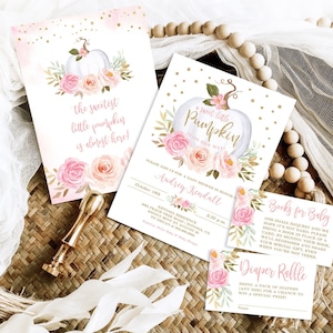 Fall Baby Shower Invitation Bundle, Editable Invitation & Insert Cards Template, Girl, A Sweet Little Pumpkin is on Her Way, MCP826, CJB