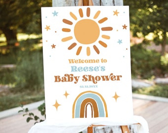 Editable Baby Shower Welcome Sign Template, Sunshine, Rainbow, Blue, Retro, Sun, Printable, Poster, Editable, Boy Baby Shower, MCP101, CJB