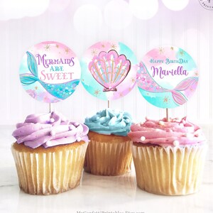 Editable Mermaid Birthday Cupcake Toppers Template, Printable, Girl, Ocean, Sea, Shells, Tail, Pastel, Mermaids are Sweet, MCP106, CJB