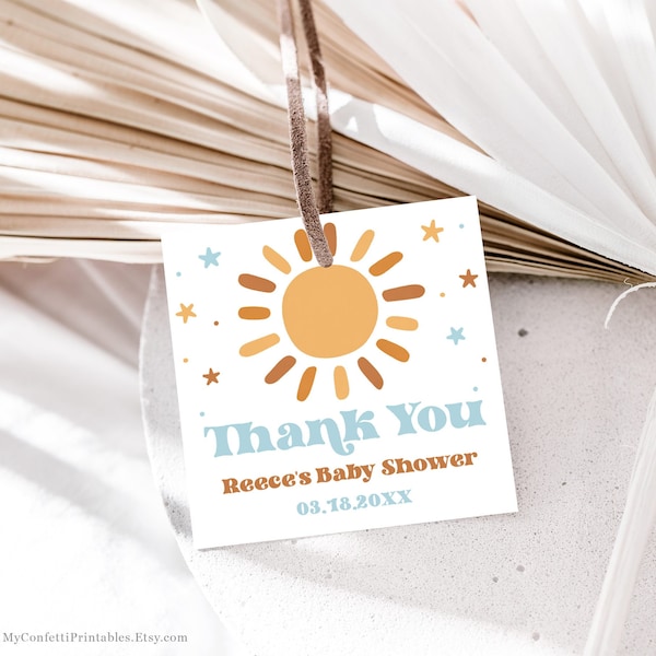 Baby Shower Thank You Favor Tags, Editable Square Favor Tag Template, Printable, 2 inch, 1.5 inch, Sunshine, Sun, Retro, Blue, MCP101, CJB