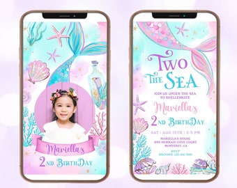 Two the Sea Mermaid Digital Birthday Invitation, Editable, Invite, Template, Girl, Two, 2nd, Party, Tail, Textable, Electronic, MCP106, CJB