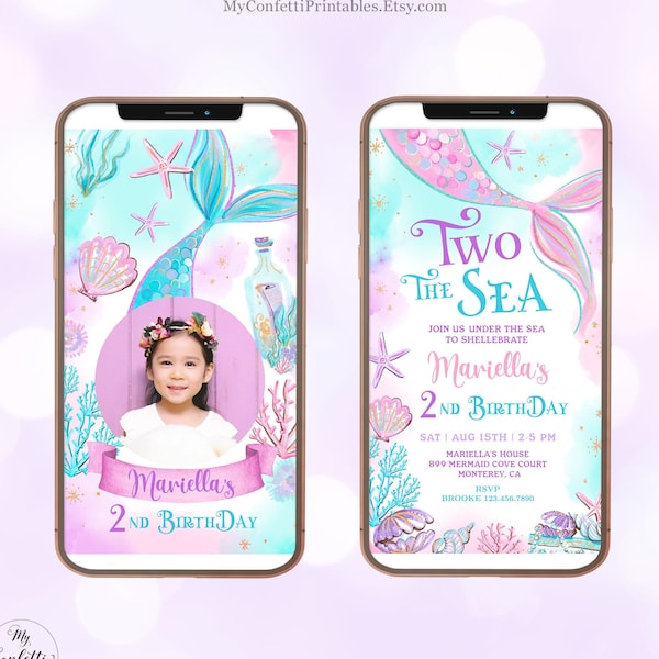 Two the Sea Mermaid Digital Birthday Invitation, Editable, Invite, Template, Girl, Two, 2nd, Party, Tail, Textable, Electronic, MCP106, CJB