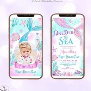 Oneder the Sea Mermaid Digital Birthday Invitation, Editable, Template, Girl, First, 1st, Party, Tail, Textable, Electronic, MCP106, CJB