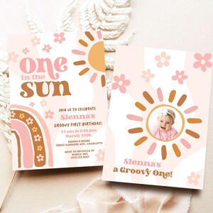 One in the Sun First Birthday Invitation, Editable 1st Birthday Invitation Template, Printable, Sunshine, Girl, Retro, 70s, MCP100, CJB