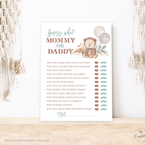 Printable Guess Who Mommy or Daddy Game, Boho Bear Baby Shower Game, Baby Shower Party Games, Pampas, Balloons, Boy, Fall, Pampas, MCP108