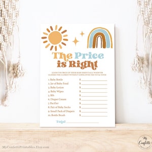The Price is Right Game, Printable Baby Shower Game Cards, Sunshine, Sun, Rainbow, Retro, Blue, Terracotta, Boy Baby Shower, MCP101