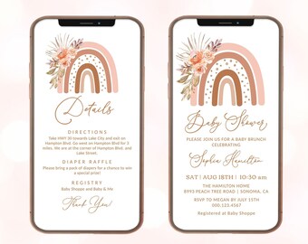 Boho Rainbow Digital Baby Shower Invitation, Electronic Invitation, Editable Template, Peachy Pink, Terracotta, Floral, Girl, MCP103, CJB
