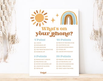 What's on Your Phone Game, Printable Baby Shower Game Cards, Sunshine, Sun, Rainbow, Retro, Blue, Terracotta, Boy Baby Shower, MCP101