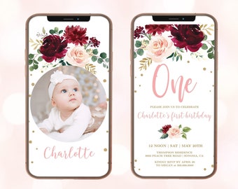 Digital First Birthday Invitation for Girl, Electronic 1st Birthday Invitation Template, One, Girl, Burgundy, Pink, Blush, MCP817, CJB