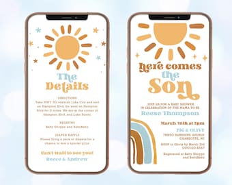 Here Comes the Son, Digital Baby Shower Invitation Template, Electronic, Textable, Sunshine & Rainbow, Sun, Boho, Retro, Boy, MCP101, CJB