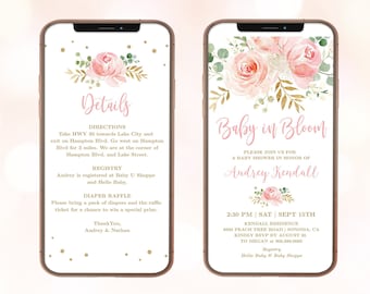 DIGITAL Baby Shower Invitation, Baby in Bloom, Electronic Girl Baby Shower Invitation, Editable, Blush Pink Floral, MCP820, CJB