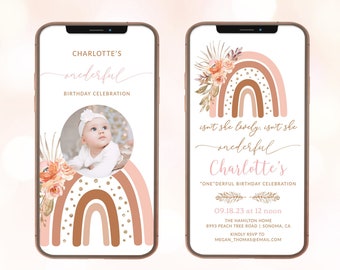 May include: A digital printable invitation for a first birthday party. The invitation features a rainbow with a peach and brown color scheme, gold glitter accents, and floral elements. The text on the invitation reads "Charlotte's One'derful Birthday Celebration" and includes the date, time, and location of the party.
