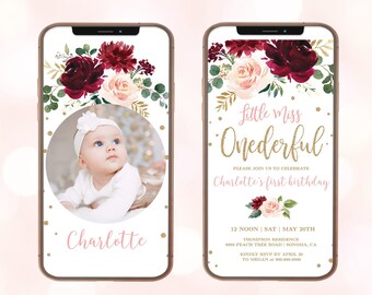 Little Miss Onederful Digital Birthday Invitation, Electronic First Birthday Invitation Template, 1st, Girl, Burgundy, Pink, MCP817, CJB
