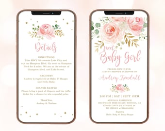 DIGITAL Baby Shower Invitation, Electronic Girl Baby Shower Invite, Editable, Textable, Sweet Baby Girl, Blush Pink Floral, MCP820, CJB