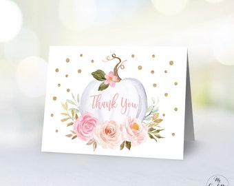 May include: White pumpkin with pink flowers and gold glitter, with the text "Thank You" on the pumpkin. This is a printable thank you card for a fall event.