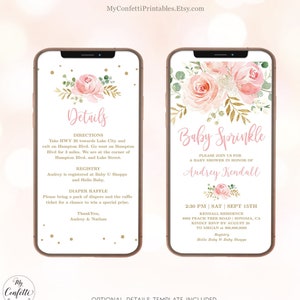 Digital Baby Sprinkle Invitation Template, Girl Baby Sprinkle, Editable, Electronic, Phone, Textable, Invite, Blush Pink Floral, MCP820, CJB