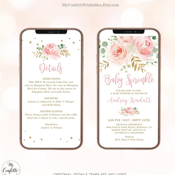 Digital Baby Sprinkle Invitation Template, Girl Baby Sprinkle, Editable, Electronic, Phone, Textable, Invite, Blush Pink Floral, MCP820, CJB