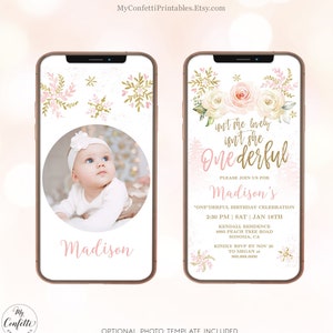 Isn&#39;t She Onederful Digital Birthday Invitation, Girl First Birthday Invitation Template, EDITABLE, Snowflake,MCP843, CJB