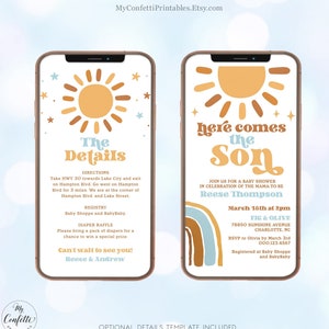 Here Comes the Son, Digital Baby Shower Invitation Template, Electronic, Textable, Sunshine & Rainbow, Sun, Boho, Retro, Boy, MCP101, CJB