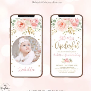 Little Miss Onederful DIGITAL Birthday Invitation, Baby&#39;s First Birthday Invitation Template, 1st, Textable or Email, Girl, MCP821, CJB