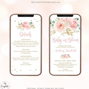 DIGITAL Baby Shower Invitation, Baby in Bloom, Electronic Girl Baby Shower Invitation, Editable, Blush Pink Floral, MCP820, CJB