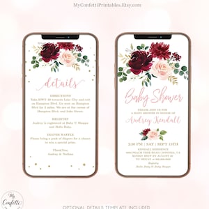 Digital Baby Shower Invitation Girl, Elecronic Baby Shower Invitation Template, EDITABLE, Burgundy, Blush, Evite, MCP816, CJB