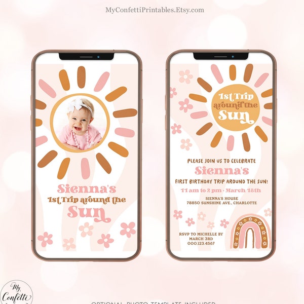 Digital First Birthday Invitation, First Trip Around the Sun, Editable, Template, Electronic, 1st, Invite, Retro, 70s, Girl, MCP100, CJB