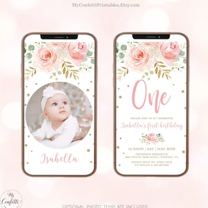 DIGITAL First Birthday Invitation for Girl, Editable, Invite, Template, Textable, Electronic, 1st, Girl, Blush, Pink, One, MCP821, CJB