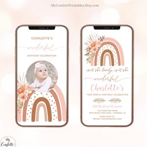 Onederful Digital Birthday Invitation, Pink Boho Rainbow Digital First Birthday Invitation Template, Editable, Textable, MCP88, CJB