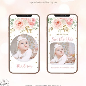 DIGITAL Save the Date Card Template, Textable Save the Date Card, Editable, Birthday, Baby Shower, Girl, First, Blush, Pink, MCP821, CJB