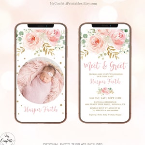 Meet and Greet Digital Invitation, Electronic Textable Invitation, Meet & Greet, Phone Invitation, Editable, Blush Pink Floral, MCP820, CJB