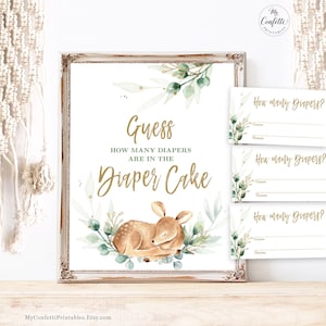 Diaper Cake Guessing Game Sign and Answer Cards, Printable Baby Shower Game Sign, Boy Baby Shower, Baby Deer, Greenery, MCP840