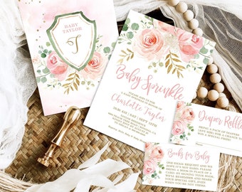 EDITABLE Blush Pink Floral Baby Sprinkle Invitation Template, Printable Baby Sprinkle Invitation Bundle, Girl, Boho, MCP820, CJB