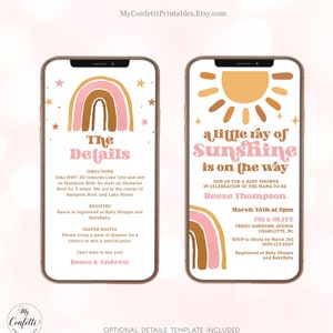 A Little Ray of Sunshine Digital Baby Shower Invitation Template, Electronic, Textable, Rainbow, Sun, Pink, Terracotta, Girl, MCP107, CJB