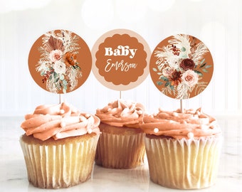 Editable Boho Floral Baby Shower Cupcake Toppers Template, Printable, Pampas, Retro, Terracotta, Boy, Girl, Sprinkle, Custom, MCP112, CJB