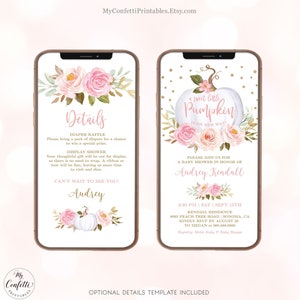 Digital Baby Shower Invitation Girl, A Sweet Little Pumpkin is on Her Way, Textable Invitation Template, EDITABLE, Fall, Pink, MCP826, CJB