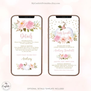 May include: A digital invitation for a baby sprinkle with a white pumpkin and pink flowers. The text reads "Baby Sprinkle" and "Please join us for a baby sprinkle in honor of Audrey Kendall".