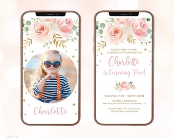 Any Age DIGITAL Birthday Invitation, Evite Birthday Invitation, Editable Birthday Template, Girl, Blush Pink Floral, MCP821, CJB