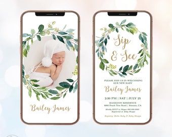 Digital Sip and See Invitation Template, Editable Invitation, Electronic, Textable, Phone, Greenery Invitation, Boy, MCP813, MCP814, CJB