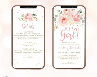 DIGITAL Baby Shower Invitation, Electronic, Girl Baby Shower Invite, Editable, It&#39;s a Girl, Blush Pink Floral, Textable, MCP820, CJB