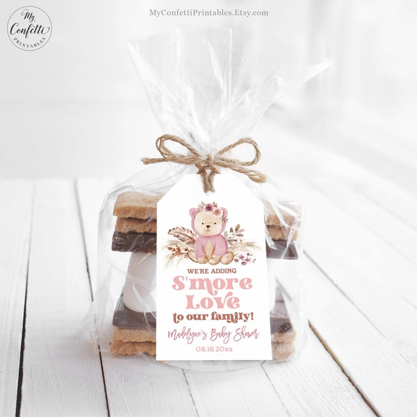 We're adding S'more Love to our Family, Editable Baby Shower Favor Tag Template, Boho Bear, Girl, Pink, Baby Sprinkle, MCP109, CJB